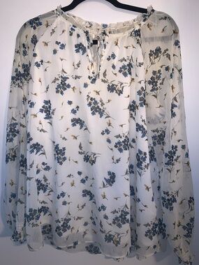 Denver Hayes Cream Floral Tie-Neck Blouse with Blue & Mustard Accents